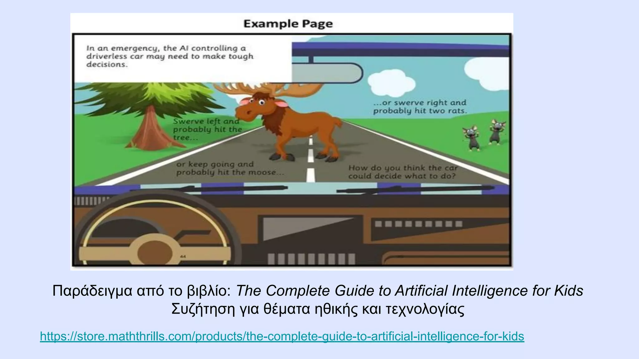 https://store.maththrills.com/products/the-complete-guide-to-artificial-intelligence-for-kids
Παράδειγμα από το βιβλίο: The Complete Guide to Artificial Intelligence for Kids
Συζήτηση για θέματα ηθικής και τεχνολογίας
 