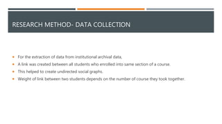 RESEARCH METHOD- DATA COLLECTION
 For the extraction of data from institutional archival data,
 A link was created between all students who enrolled into same section of a course.
 This helped to create undirected social graphs.
 Weight of link between two students depends on the number of course they took together.
 