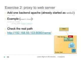 Exercise 2: proxy to web server
 Add one backend apache (already started as web2)
curl web2
 Example (exer1.conf):
locat...