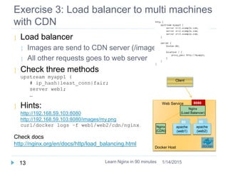 Exercise 3: Load balancer to multi machines
with CDN
 Load balancer
 Images are send to CDN server (/images)
 All other...