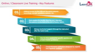 © 2018 SOLVEXIS.All rights reserved.
Online / Classroom Live Training - Key Features
Lifetimeaccess totheLMSand thestudymaterial,
recordings,sample questions, quizzes, etc.
Extrasessionfordoubts clearing and interview
discussionsconducted at the end ofevery batch.
30days technical support(throughthe instructor)
afterthe batch-end.
One-to-One sessionsforspecific queries and
project-based guidance.
Comprehensive curriculumdesigned by experts
and regularly updated.
01.
02.
03.
04.
05.
 