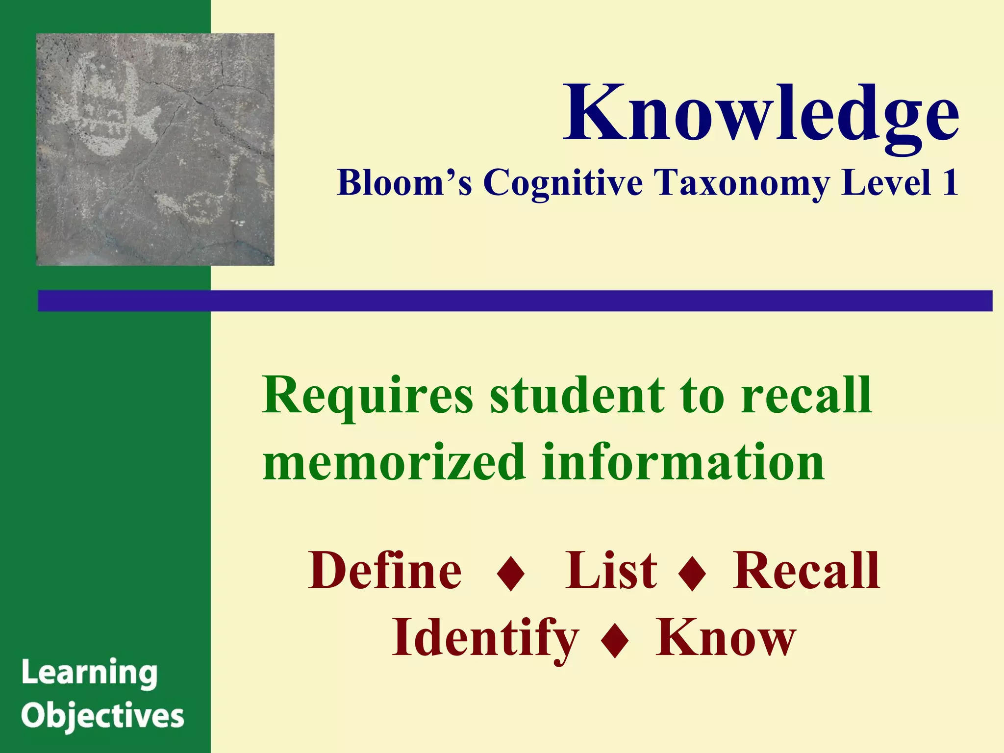 Knowledge
   Bloom’s Cognitive Taxonomy Level 1




Requires student to recall
memorized information
 Define ♦ List ♦ Recall
    Identify ♦ Know
 