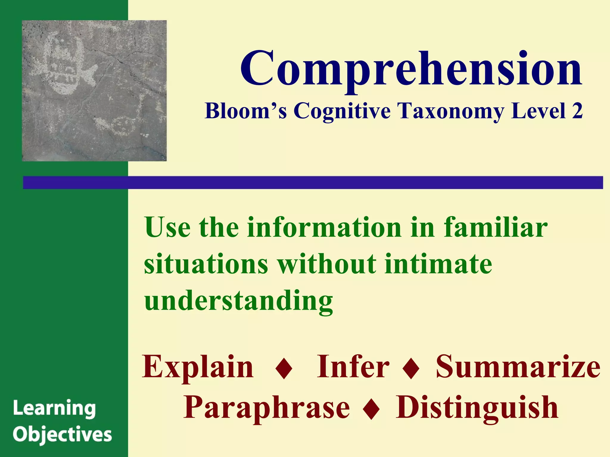 Comprehension
    Bloom’s Cognitive Taxonomy Level 2




Use the information in familiar
situations without intimate
understanding

Explain ♦ Infer ♦ Summarize
  Paraphrase ♦ Distinguish
 
