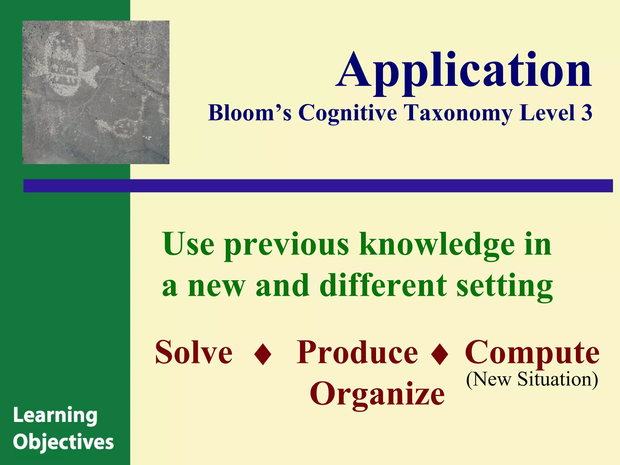 Application
   Bloom’s Cognitive Taxonomy Level 3




Use previous knowledge in
a new and different setting
Solve ♦ Produce ♦ Compute
                  (New Situation)
         Organize
 