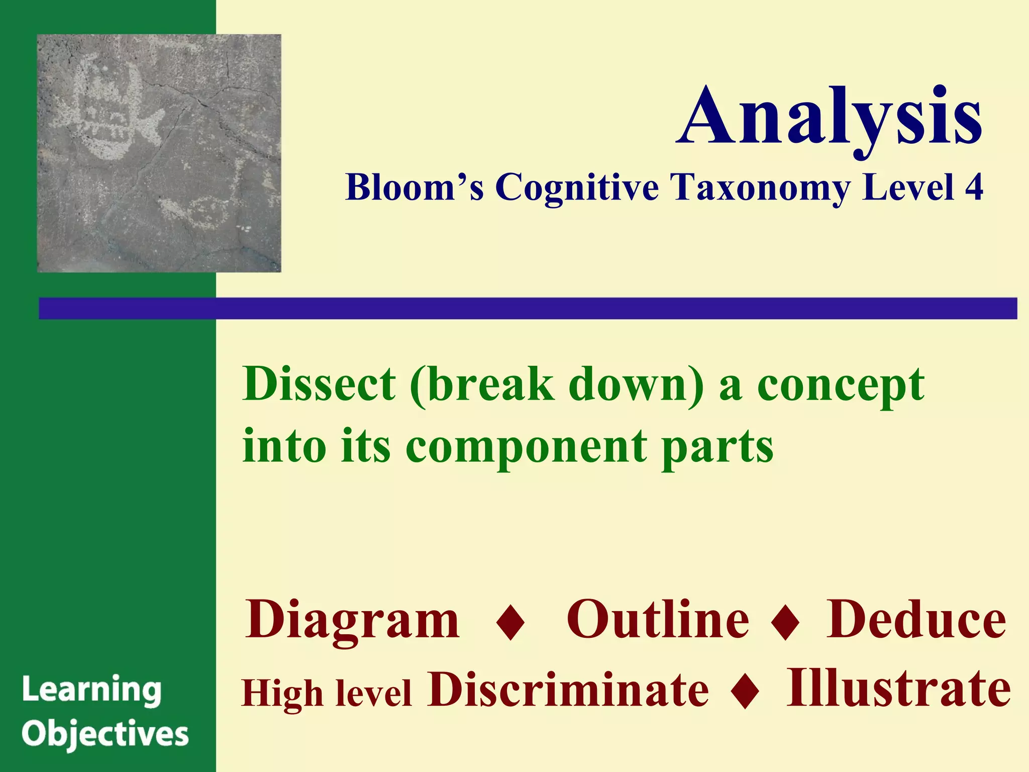 Analysis
    Bloom’s Cognitive Taxonomy Level 4




Dissect (break down) a concept
into its component parts


Diagram ♦ Outline ♦ Deduce
High level Discriminate ♦ Illustrate
 
