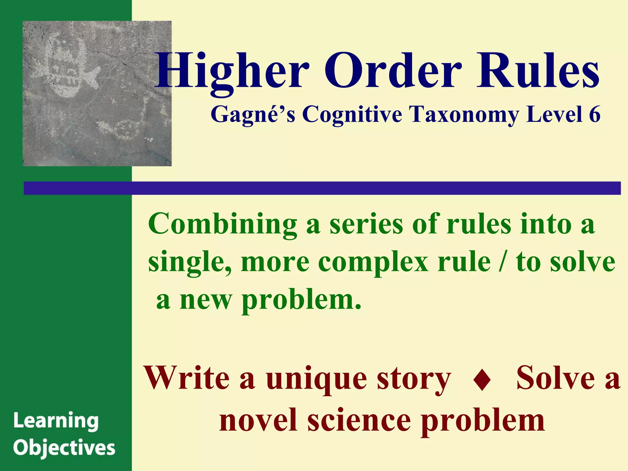 Higher Order Rules
    Gagné’s Cognitive Taxonomy Level 6



Combining a series of rules into a
single, more complex rule / to solve
 a new problem.

Write a unique story ♦ Solve a
    novel science problem
 