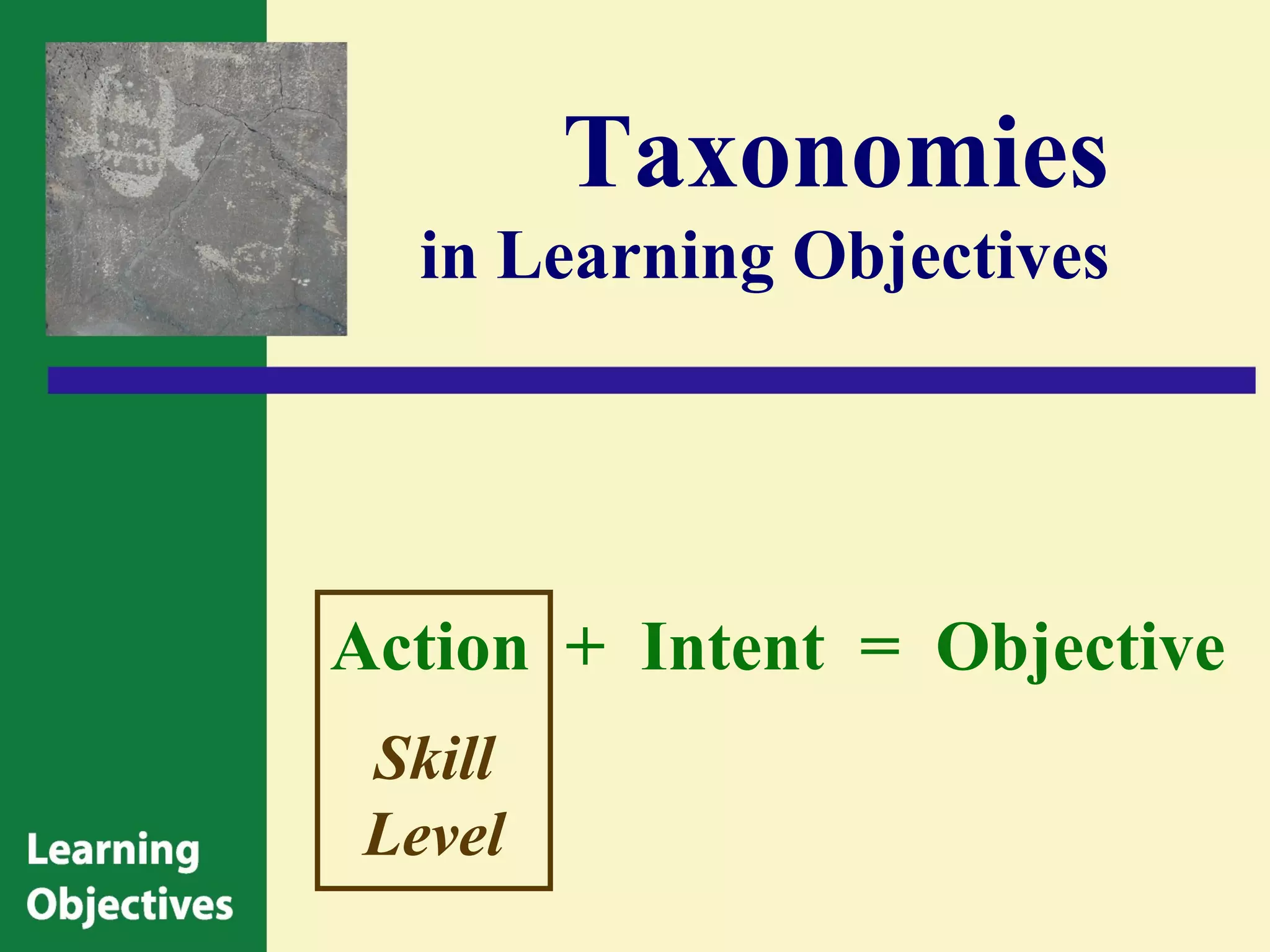 Taxonomies
  in Learning Objectives




Action + Intent = Objective
 Skill
 Level
 