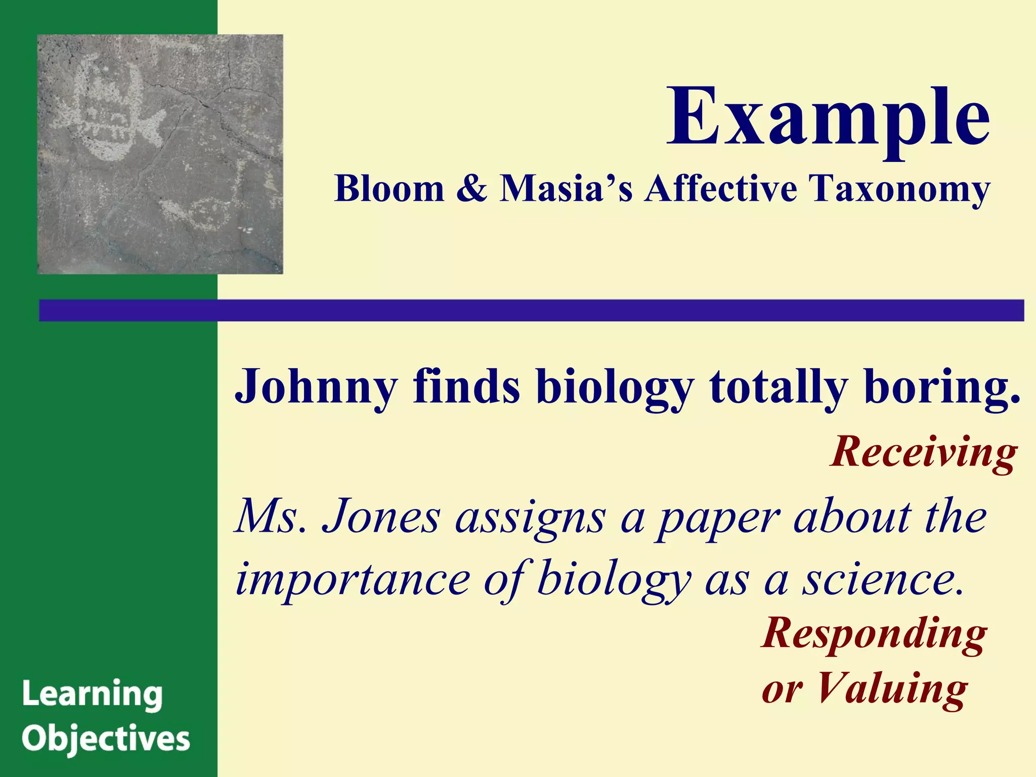 Example
    Bloom & Masia’s Affective Taxonomy




Johnny finds biology totally boring.
                             Receiving
Ms. Jones assigns a paper about the
importance of biology as a science.
                          Responding
                          or Valuing
 