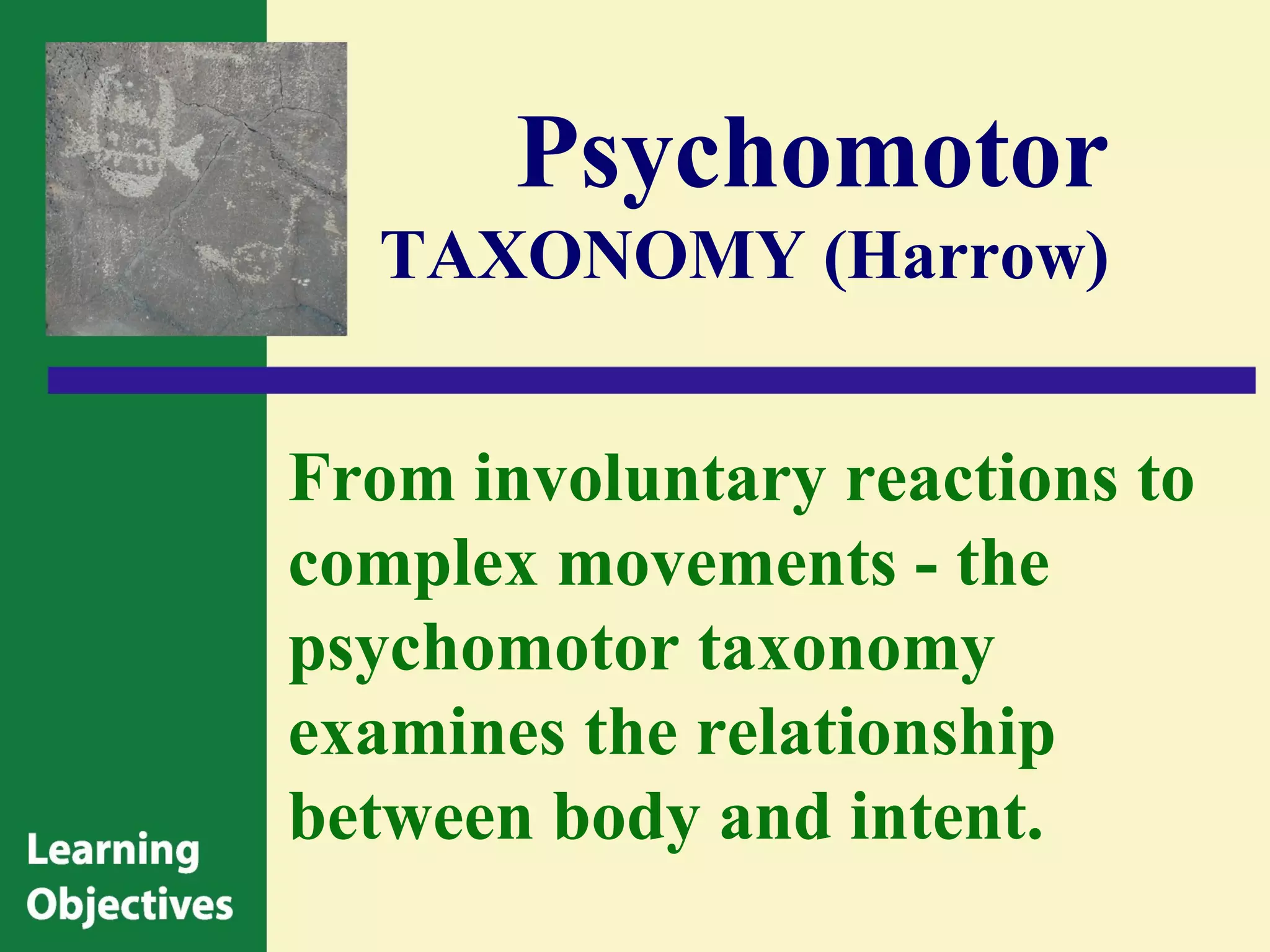 Psychomotor
  TAXONOMY (Harrow)


From involuntary reactions to
complex movements - the
psychomotor taxonomy
examines the relationship
between body and intent.
 