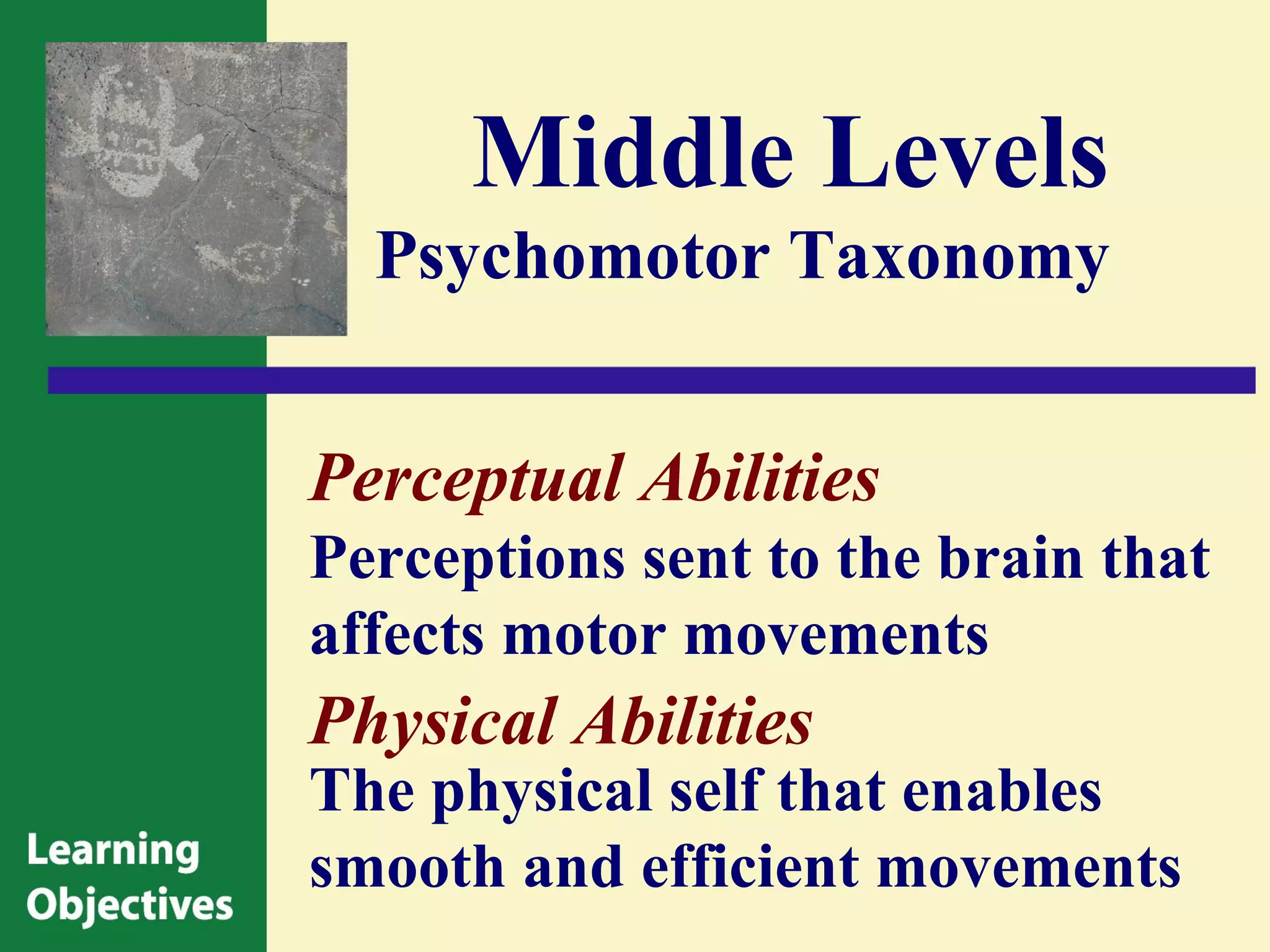Middle Levels
  Psychomotor Taxonomy


Perceptual Abilities
Perceptions sent to the brain that
affects motor movements
Physical Abilities
The physical self that enables
smooth and efficient movements
 