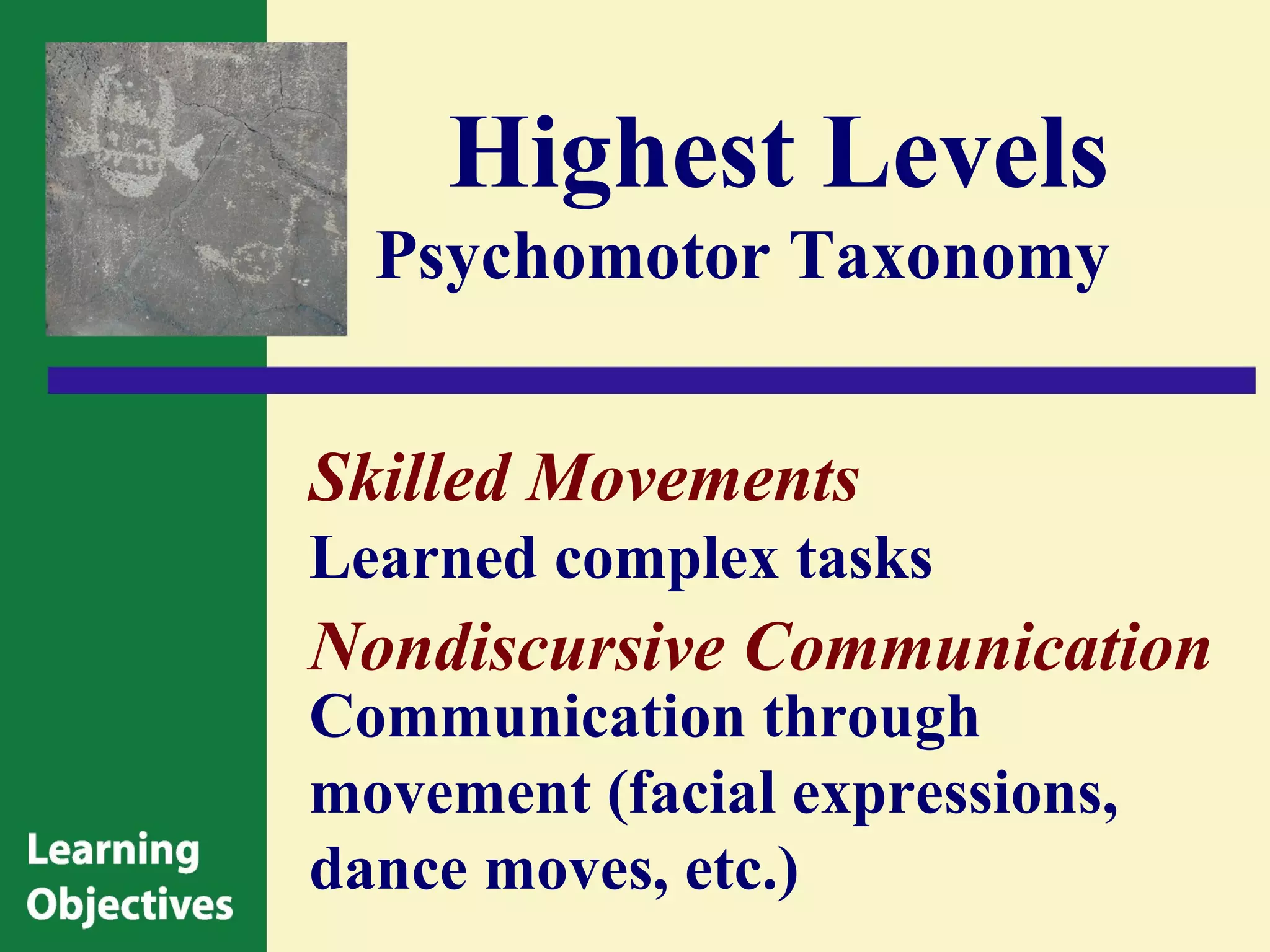 Highest Levels
  Psychomotor Taxonomy


Skilled Movements
Learned complex tasks
Nondiscursive Communication
Communication through
movement (facial expressions,
dance moves, etc.)
 