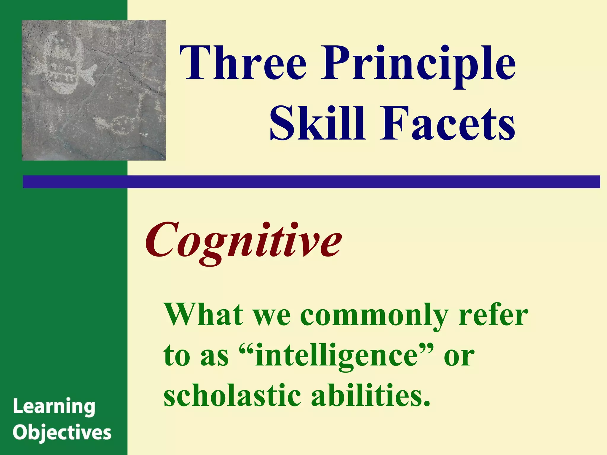 Three Principle
    Skill Facets

Cognitive
What we commonly refer
to as “intelligence” or
scholastic abilities.
 