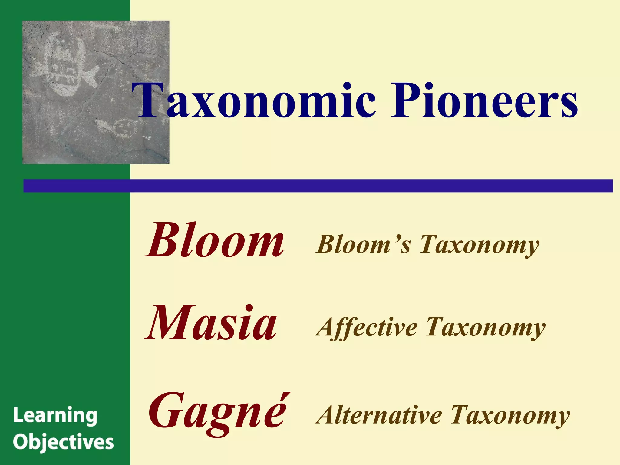 Taxonomic Pioneers

Bloom   Bloom’s Taxonomy


Masia   Affective Taxonomy


Gagné   Alternative Taxonomy
 