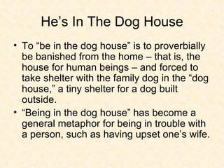 He’s In The Dog House To “be in the dog house” is to proverbially be banished from the home – that is, the house for human beings – and forced to take shelter with the family dog in the “dog house,” a tiny shelter for a dog built outside.  “Being in the dog house” has become a general metaphor for being in trouble with a person, such as having upset one’s wife. 