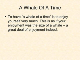 A Whale Of A Time To have “a whale of a time” is to enjoy yourself very much. This is as if your enjoyment was the size of a whale – a great deal of enjoyment indeed. 