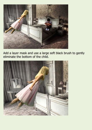 Add a layer mask and use a large soft black brush to gently
eliminate the bottom of the child.
 
