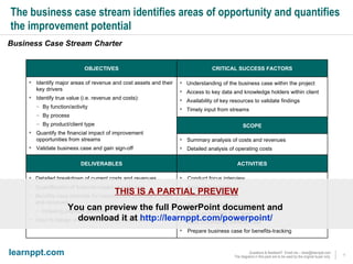 The business case stream identifies areas of opportunity and quantifies the improvement potential Identify major areas of revenue and cost assets and their key drivers Identify true value (i.e. revenue and costs): By function/activity By process By product/client type Quantify the financial impact of improvement opportunities from streams Validate business case and gain sign-off OBJECTIVES CRITICAL SUCCESS FACTORS Understanding of the business case within the project Access to key data and knowledge holders within client Availability of key resources to validate findings Timely input from streams SCOPE Summary analysis of costs and revenues Detailed analysis of operating costs DELIVERABLES Detailed breakdown of current costs and revenues Quantification of financial impact of early wins Benefits case estimate for improvement potential in costs and revenues: Including payback periods Input to design of benefits-tracking mechanism ACTIVITIES Conduct focus interview Analyze financials Build business model Build top-down business case Analyze benefits from team Build bottoms-up benefits case Prepare business case for benefits-tracking Business Case Stream Charter THIS IS A PARTIAL PREVIEW You can preview the full PowerPoint document and  download it at  http://learnppt.com/powerpoint/   