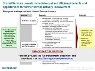 Shared Services provide immediate cost and efficiency benefits and opportunities for further service delivery improvement Enterprise wide opportunity: Shared Service Centers Benefits Example Labor arbitrage through lower cost locations efficiency increase (up to 15% savings) Headcount reduction through increased performance and better controls effectiveness increase (up to 15% savings) Leverage of economies of scale and scope / consolidation (up to 10% savings) standardization (elimination of duplication, consistency, standard service portfolio) optimization (incl. continuous improvement, best practices) globalization specialization (mutual use, utilization) full leverage of technology Reduction of Costs Setting up a SSC for the first time might reap up to 40% of savings Optimizing existing SSC might still deliver up to 20% of savings Increase in Quality and Performance Focus on select activities only competencies, skills service culture Implementation of strict performance management (SLAs, KPIs, etc.) transparency consistency  Potential Shared Services as a often used beneficial delivery alternative for various support functions, esp. Finance and Accounting, HR, IT and Customer Care/Services Increase in Flexibility and Value-Add “ Variabilization” of costs Cross-business leverage of resources  (no fiefdoms or pockets of staff) More direct staffing process  (incl. temporary hiring) Legacy staff to work on value-adding activities END OF PARTIAL PREVIEW You can preview the full PowerPoint document and  download it at  http://learnppt.com/powerpoint/   