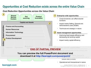 Opportunities at Cost Reduction exists across the entire Value Chain Capital and Assets Procurement  Information Technology  Finance and Accounting Human Resources Operations Marketing / Sales Logistics Service Enterprise wide opportunities Function specific opportunities*  Cross-functional, can affect several functions Impact mainly Selling, General and Administrative costs (SG&A) Technical and strategic in nature Specific opportunities for the primary and support activities: Impact mainly Selling, General & Administrative costs (SG&A) and Cost of Goods Sold (COGS) Operational and transactional in nature Shared Service Centers Out sourcing Product Innovation Product Development  Asset management opportunities 2 1 3 2 1 Improving fixed assets efficiency and decreasing net working capital Impact mainly capital efficiency Primary activities Support activities Cost Reduction Opportunities across the Value Chain 3 END OF PARTIAL PREVIEW You can preview the full PowerPoint document and  download it at  http://learnppt.com/powerpoint/   