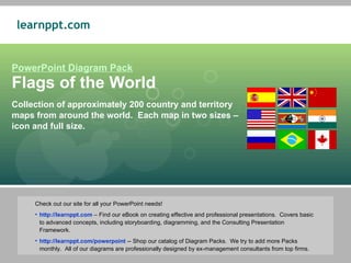 PowerPoint Diagram Pack Flags of the World Collection of approximately 200 country and territory maps from around the world.  Each map in two sizes – icon and full size. ,[object Object],[object Object],[object Object]