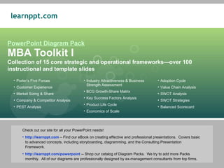 PowerPoint Diagram Pack MBA Toolkit I Collection of 15 core strategic and operational frameworks—over 100 instructional and template slides ,[object Object],[object Object],[object Object],[object Object],[object Object],[object Object],[object Object],[object Object],[object Object],[object Object],[object Object],[object Object],[object Object],[object Object],[object Object],[object Object],[object Object],[object Object]