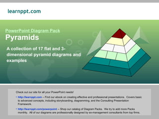 PowerPoint Diagram Pack Pyramids A collection of 17 flat and 3-dimensional pyramid diagrams and examples ,[object Object],[object Object],[object Object]