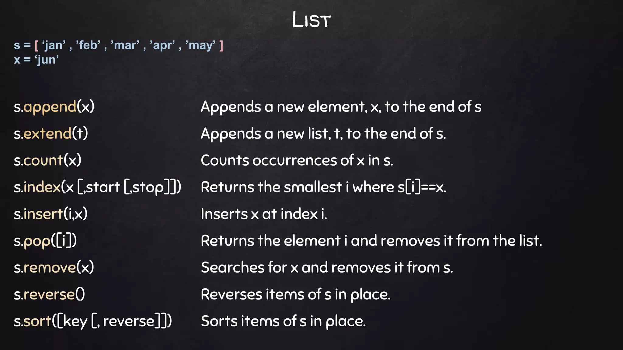 s.append(x) Appends a new element, x, to the end of s
s.extend(t) Appends a new list, t, to the end of s.
s.count(x) Counts occurrences of x in s.
s.index(x [,start [,stop]]) Returns the smallest i where s[i]==x.
s.insert(i,x) Inserts x at index i.
s.pop([i]) Returns the element i and removes it from the list.
s.remove(x) Searches for x and removes it from s.
s.reverse() Reverses items of s in place.
s.sort([key [, reverse]]) Sorts items of s in place.
s = [ ‘jan’ , ’feb’ , ’mar’ , ’apr’ , ’may’ ]
x = ‘jun’
List
 