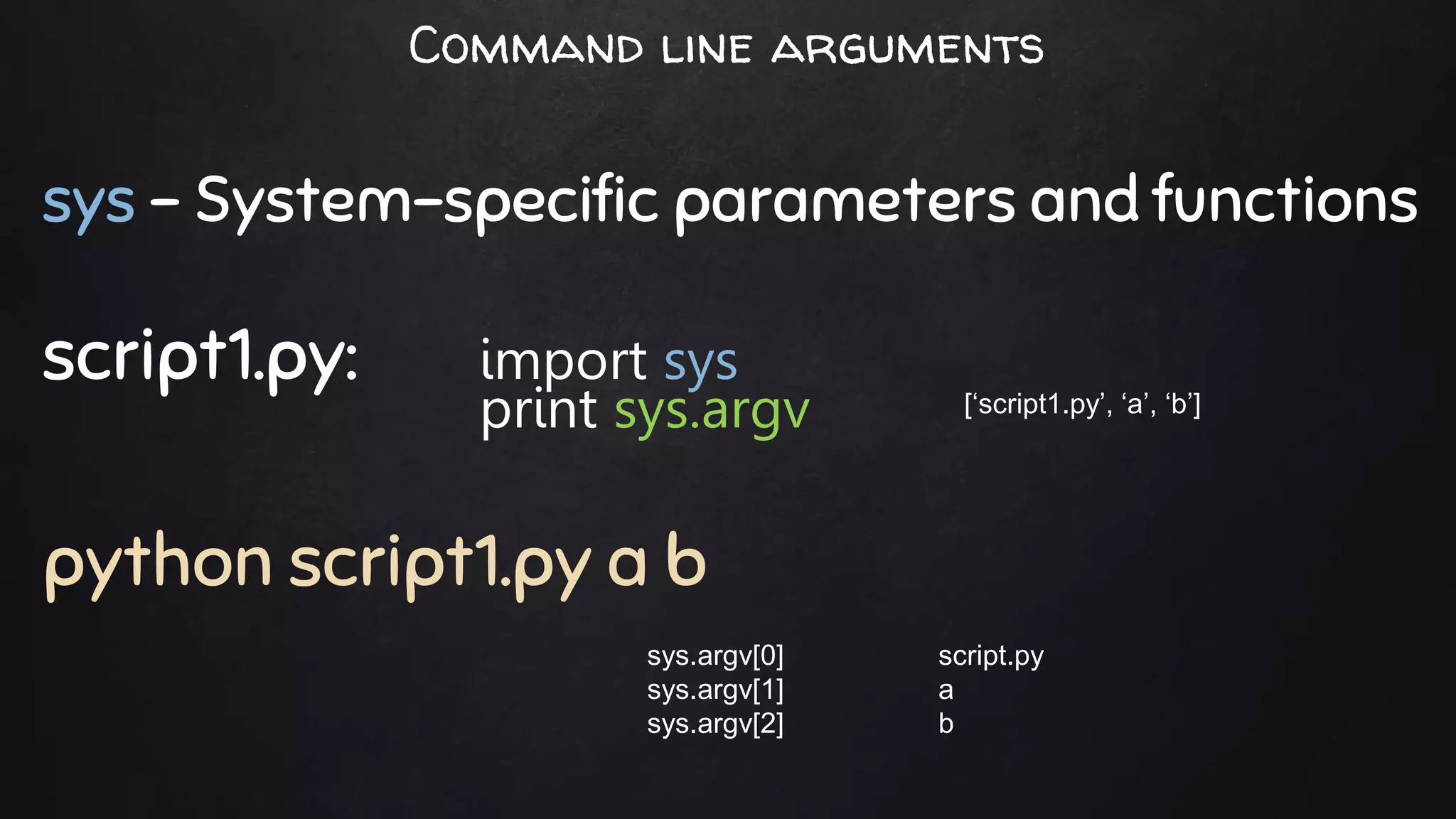 Command line arguments
sys - System-specific parameters and functions
script1.py: import sys
print sys.argv
python script1.py a b
[‘script1.py’, ‘a’, ‘b’]
sys.argv[0] script.py
sys.argv[1] a
sys.argv[2] b
 