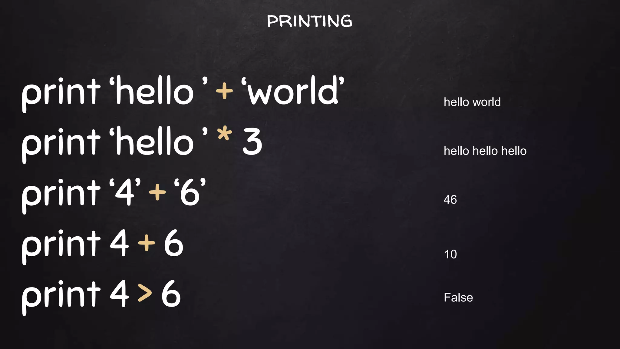 print ‘hello ’ + ‘world’
print ‘hello ’ * 3
print ‘4’ + ‘6’
print 4 + 6
print 4 > 6
hello world
hello hello hello
10
46
False
printing
 