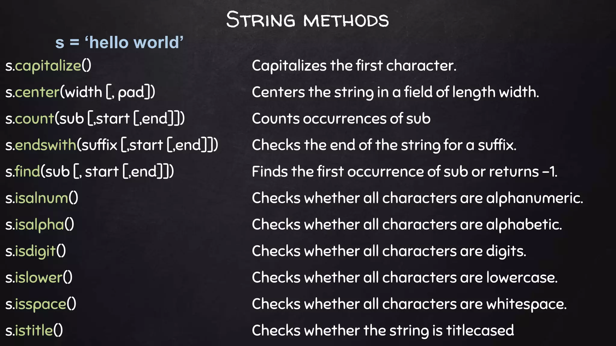 s.capitalize() Capitalizes the first character.
s.center(width [, pad]) Centers the string in a field of length width.
s.count(sub [,start [,end]]) Counts occurrences of sub
s.endswith(suffix [,start [,end]]) Checks the end of the string for a suffix.
s.find(sub [, start [,end]]) Finds the first occurrence of sub or returns -1.
s.isalnum() Checks whether all characters are alphanumeric.
s.isalpha() Checks whether all characters are alphabetic.
s.isdigit() Checks whether all characters are digits.
s.islower() Checks whether all characters are lowercase.
s.isspace() Checks whether all characters are whitespace.
s.istitle() Checks whether the string is titlecased
s = ‘hello world’
String methods
 