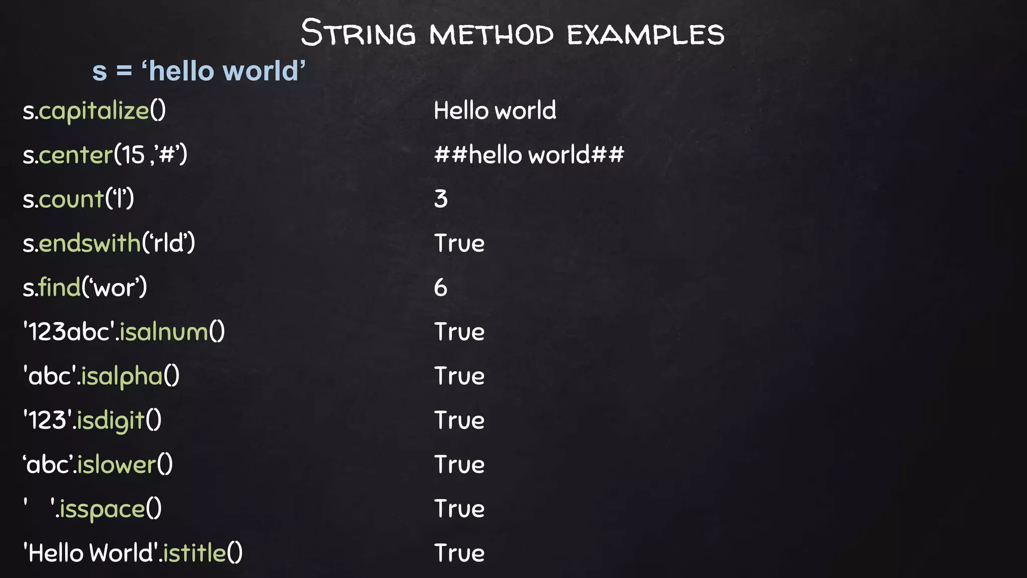 s.capitalize() Hello world
s.center(15 ,’#’) ##hello world##
s.count(‘l’) 3
s.endswith(‘rld’) True
s.find(‘wor’) 6
'123abc'.isalnum() True
'abc'.isalpha() True
'123'.isdigit() True
‘abc’.islower() True
' '.isspace() True
'Hello World'.istitle() True
s = ‘hello world’
String method examples
 