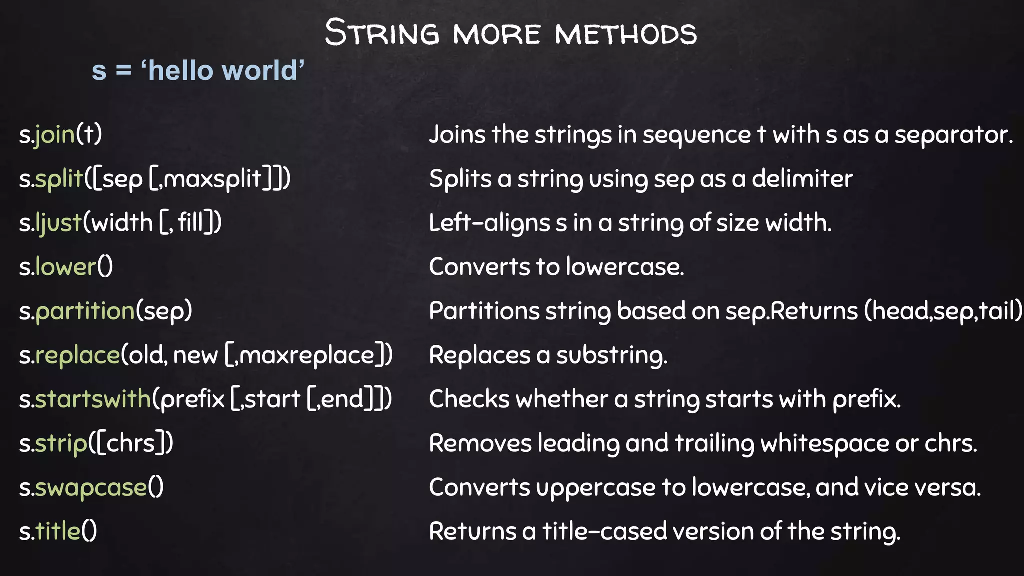 s.join(t) Joins the strings in sequence t with s as a separator.
s.split([sep [,maxsplit]]) Splits a string using sep as a delimiter
s.ljust(width [, fill]) Left-aligns s in a string of size width.
s.lower() Converts to lowercase.
s.partition(sep) Partitions string based on sep.Returns (head,sep,tail)
s.replace(old, new [,maxreplace]) Replaces a substring.
s.startswith(prefix [,start [,end]]) Checks whether a string starts with prefix.
s.strip([chrs]) Removes leading and trailing whitespace or chrs.
s.swapcase() Converts uppercase to lowercase, and vice versa.
s.title() Returns a title-cased version of the string.
s = ‘hello world’
String more methods
 