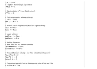 7 % 3 # => 1
# i % j have the same sign as j, unlike C
-7 % 3 # => 2
# Exponentiation (x**y, x to the yth power)
2**3 # => 8
# Enforce precedence with parentheses
1 + 3 * 2 # => 7
(1 + 3) * 2 # => 8
# Boolean values are primitives (Note: the capitalization)
True # => True
False # => False
# negate with not
not True # => False
not False # => True
# Boolean Operators
# Note "and" and "or" are case-sensitive
True and False # => False
False or True # => True
# True and False are actually 1 and 0 but with different keywords
True + True # => 2
True * 8 # => 8
False - 5 # => -5
# Comparison operators look at the numerical value of True and False
0 == False # => True
 