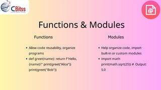 Functions & Modules
Allow code reusability, organize
programs
def greet(name): return f"Hello,
{name}!" print(greet("Alice"))
print(greet("Bob"))
Functions Modules
Help organize code, import
built-in or custom modules
import math
print(math.sqrt(25)) # Output:
5.0
 