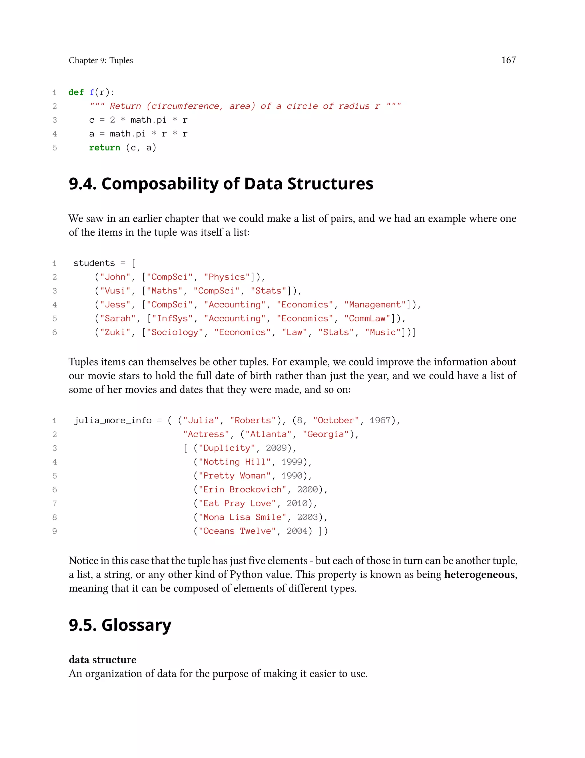 Chapter 9: Tuples 167 1 def f(r): 2 """ Return (circumference, area) of a circle of radius r """ 3 c = 2 * math.pi * r 4 a = math.pi * r * r 5 return (c, a) 9.4. Composability of Data Structures We saw in an earlier chapter that we could make a list of pairs, and we had an example where one of the items in the tuple was itself a list: 1 students = [ 2 ("John", ["CompSci", "Physics"]), 3 ("Vusi", ["Maths", "CompSci", "Stats"]), 4 ("Jess", ["CompSci", "Accounting", "Economics", "Management"]), 5 ("Sarah", ["InfSys", "Accounting", "Economics", "CommLaw"]), 6 ("Zuki", ["Sociology", "Economics", "Law", "Stats", "Music"])] Tuples items can themselves be other tuples. For example, we could improve the information about our movie stars to hold the full date of birth rather than just the year, and we could have a list of some of her movies and dates that they were made, and so on: 1 julia_more_info = ( ("Julia", "Roberts"), (8, "October", 1967), 2 "Actress", ("Atlanta", "Georgia"), 3 [ ("Duplicity", 2009), 4 ("Notting Hill", 1999), 5 ("Pretty Woman", 1990), 6 ("Erin Brockovich", 2000), 7 ("Eat Pray Love", 2010), 8 ("Mona Lisa Smile", 2003), 9 ("Oceans Twelve", 2004) ]) Notice in this case that the tuple has just five elements - but each of those in turn can be another tuple, a list, a string, or any other kind of Python value. This property is known as being heterogeneous, meaning that it can be composed of elements of different types. 9.5. Glossary data structure An organization of data for the purpose of making it easier to use. 