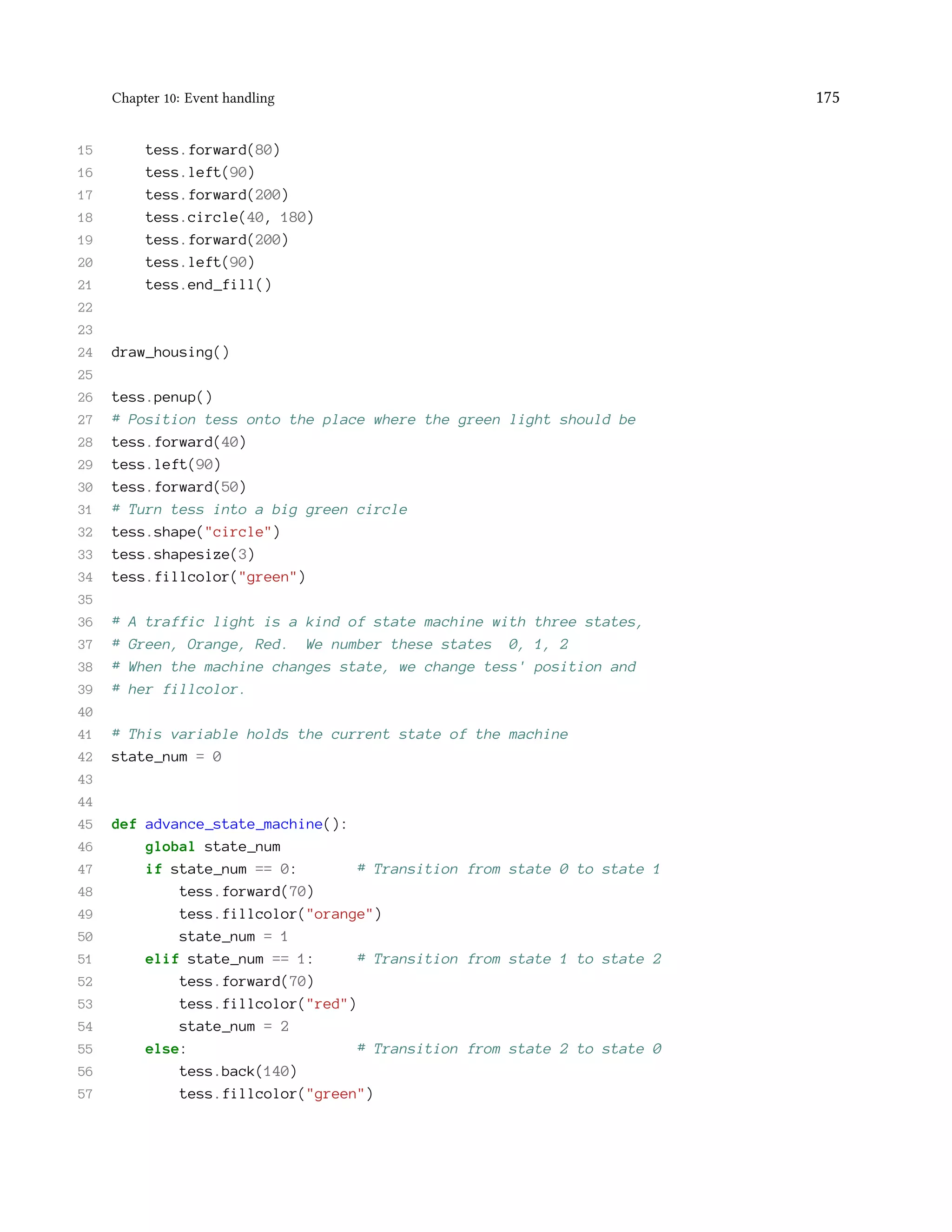 Chapter 10: Event handling 175 15 tess.forward(80) 16 tess.left(90) 17 tess.forward(200) 18 tess.circle(40, 180) 19 tess.forward(200) 20 tess.left(90) 21 tess.end_fill() 22 23 24 draw_housing() 25 26 tess.penup() 27 # Position tess onto the place where the green light should be 28 tess.forward(40) 29 tess.left(90) 30 tess.forward(50) 31 # Turn tess into a big green circle 32 tess.shape("circle") 33 tess.shapesize(3) 34 tess.fillcolor("green") 35 36 # A traffic light is a kind of state machine with three states, 37 # Green, Orange, Red. We number these states 0, 1, 2 38 # When the machine changes state, we change tess' position and 39 # her fillcolor. 40 41 # This variable holds the current state of the machine 42 state_num = 0 43 44 45 def advance_state_machine(): 46 global state_num 47 if state_num == 0: # Transition from state 0 to state 1 48 tess.forward(70) 49 tess.fillcolor("orange") 50 state_num = 1 51 elif state_num == 1: # Transition from state 1 to state 2 52 tess.forward(70) 53 tess.fillcolor("red") 54 state_num = 2 55 else: # Transition from state 2 to state 0 56 tess.back(140) 57 tess.fillcolor("green") 