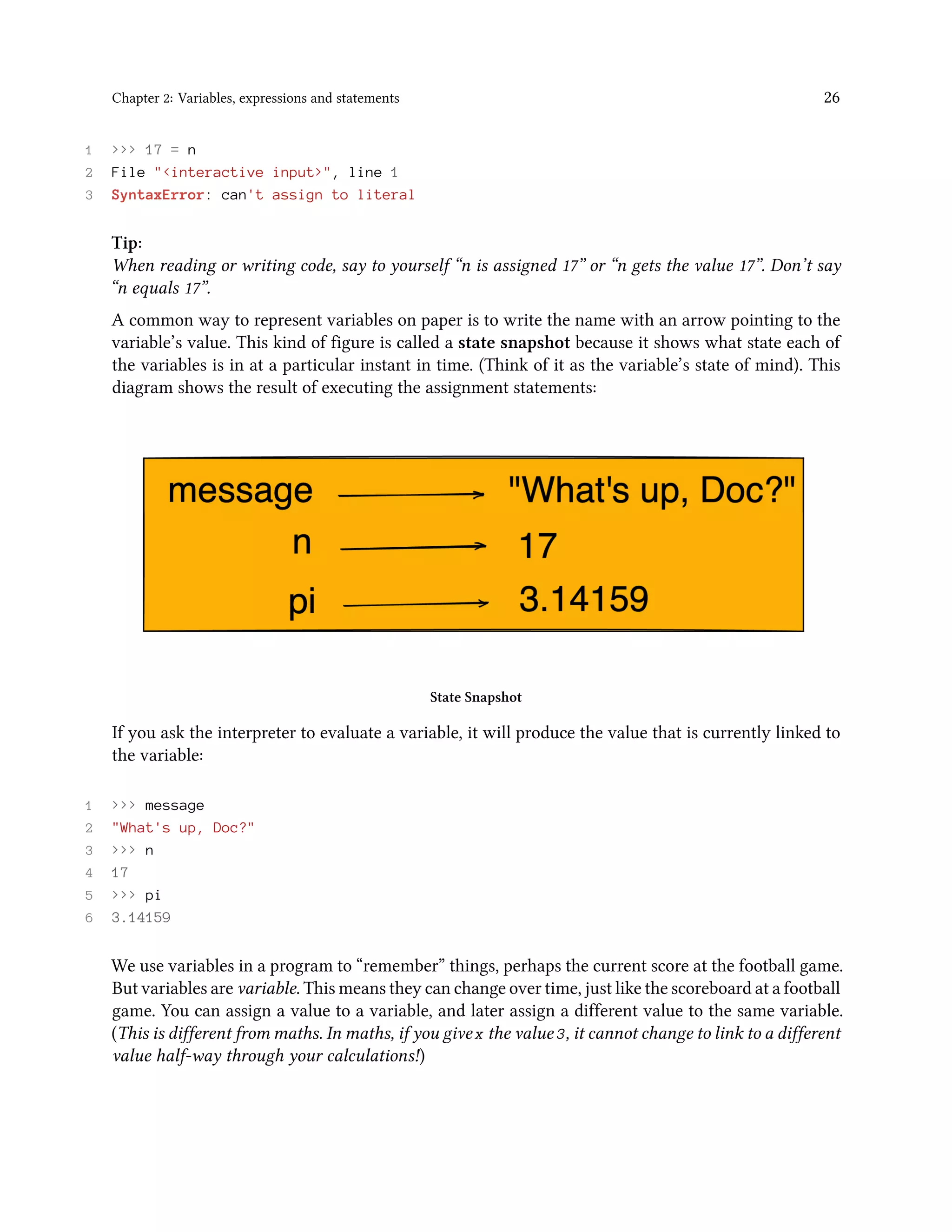 Chapter 2: Variables, expressions and statements 26 1 >>> 17 = n 2 File "<interactive input>", line 1 3 SyntaxError: can't assign to literal Tip: When reading or writing code, say to yourself “n is assigned 17” or “n gets the value 17”. Don’t say “n equals 17”. A common way to represent variables on paper is to write the name with an arrow pointing to the variable’s value. This kind of figure is called a state snapshot because it shows what state each of the variables is in at a particular instant in time. (Think of it as the variable’s state of mind). This diagram shows the result of executing the assignment statements: State Snapshot If you ask the interpreter to evaluate a variable, it will produce the value that is currently linked to the variable: 1 >>> message 2 "What's up, Doc?" 3 >>> n 4 17 5 >>> pi 6 3.14159 We use variables in a program to “remember” things, perhaps the current score at the football game. But variables are variable. This means they can change over time, just like the scoreboard at a football game. You can assign a value to a variable, and later assign a different value to the same variable. (This is different from maths. In maths, if you give x the value 3, it cannot change to link to a different value half-way through your calculations!) 