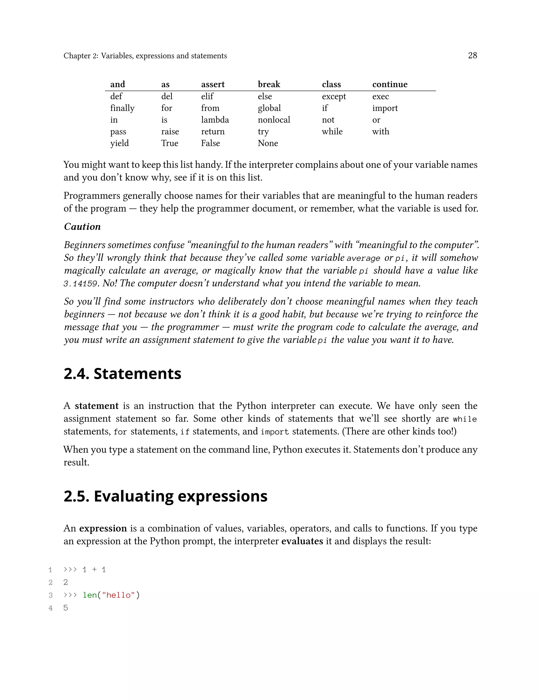 Chapter 2: Variables, expressions and statements 28 and as assert break class continue def del elif else except exec finally for from global if import in is lambda nonlocal not or pass raise return try while with yield True False None You might want to keep this list handy. If the interpreter complains about one of your variable names and you don’t know why, see if it is on this list. Programmers generally choose names for their variables that are meaningful to the human readers of the program — they help the programmer document, or remember, what the variable is used for. Caution Beginners sometimes confuse “meaningful to the human readers” with “meaningful to the computer”. So they’ll wrongly think that because they’ve called some variable average or pi, it will somehow magically calculate an average, or magically know that the variable pi should have a value like 3.14159. No! The computer doesn’t understand what you intend the variable to mean. So you’ll find some instructors who deliberately don’t choose meaningful names when they teach beginners — not because we don’t think it is a good habit, but because we’re trying to reinforce the message that you — the programmer — must write the program code to calculate the average, and you must write an assignment statement to give the variable pi the value you want it to have. 2.4. Statements A statement is an instruction that the Python interpreter can execute. We have only seen the assignment statement so far. Some other kinds of statements that we’ll see shortly are while statements, for statements, if statements, and import statements. (There are other kinds too!) When you type a statement on the command line, Python executes it. Statements don’t produce any result. 2.5. Evaluating expressions An expression is a combination of values, variables, operators, and calls to functions. If you type an expression at the Python prompt, the interpreter evaluates it and displays the result: 1 >>> 1 + 1 2 2 3 >>> len("hello") 4 5 