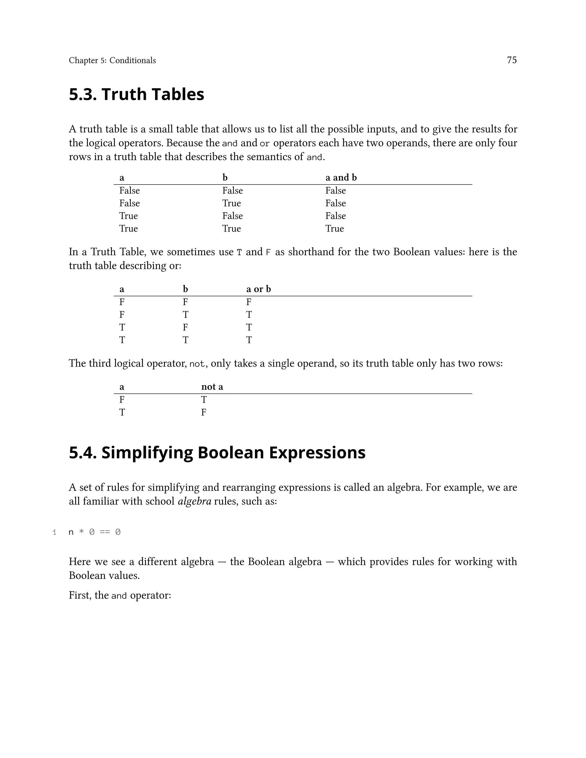 Chapter 5: Conditionals 75 5.3. Truth Tables A truth table is a small table that allows us to list all the possible inputs, and to give the results for the logical operators. Because the and and or operators each have two operands, there are only four rows in a truth table that describes the semantics of and. a b a and b False False False False True False True False False True True True In a Truth Table, we sometimes use T and F as shorthand for the two Boolean values: here is the truth table describing or: a b a or b F F F F T T T F T T T T The third logical operator, not, only takes a single operand, so its truth table only has two rows: a not a F T T F 5.4. Simplifying Boolean Expressions A set of rules for simplifying and rearranging expressions is called an algebra. For example, we are all familiar with school algebra rules, such as: 1 n * 0 == 0 Here we see a different algebra — the Boolean algebra — which provides rules for working with Boolean values. First, the and operator: 
