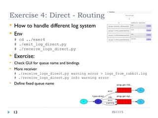 Exercise 4: Direct - Routing
 How to handle different log system
 Env
# cd ../exer4
# ./emit_log_direct.py
# ./receive_logs_direct.py
 Exercise:
 Check GUI for queue name and bindings
 More receiver
# ./receive_logs_direct.py warning error > logs_from_rabbit.log
# ./receive_logs_direct.py info warning error
 Define fixed queue name
13 05/11/15
 