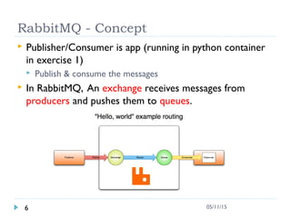 RabbitMQ - Concept
 Publisher/Consumer is app (running in python container
in exercise 1)
 Publish & consume the messages
 In RabbitMQ, An exchange receives messages from
producers and pushes them to queues.
6 05/11/15
 