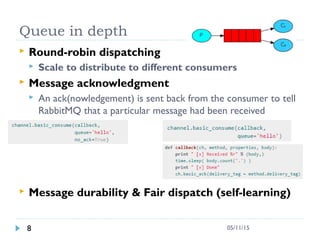 Queue in depth
 Round-robin dispatching
 Scale to distribute to different consumers
 Message acknowledgment
 An ack(nowledgement) is sent back from the consumer to tell
RabbitMQ that a particular message had been received
 Message durability & Fair dispatch (self-learning)
8 05/11/15
 