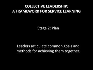 COLLECTIVE LEADERSHIP:
A FRAMEWORK FOR SERVICE LEARNING



             Stage 2: Plan



  Leaders articulate common goals and
  methods for achieving them together.
 