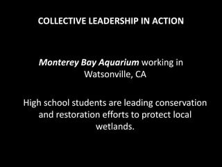 COLLECTIVE LEADERSHIP IN ACTION



   Monterey Bay Aquarium working in
             Watsonville, CA

High school students are leading conservation
   and restoration efforts to protect local
                 wetlands.
 