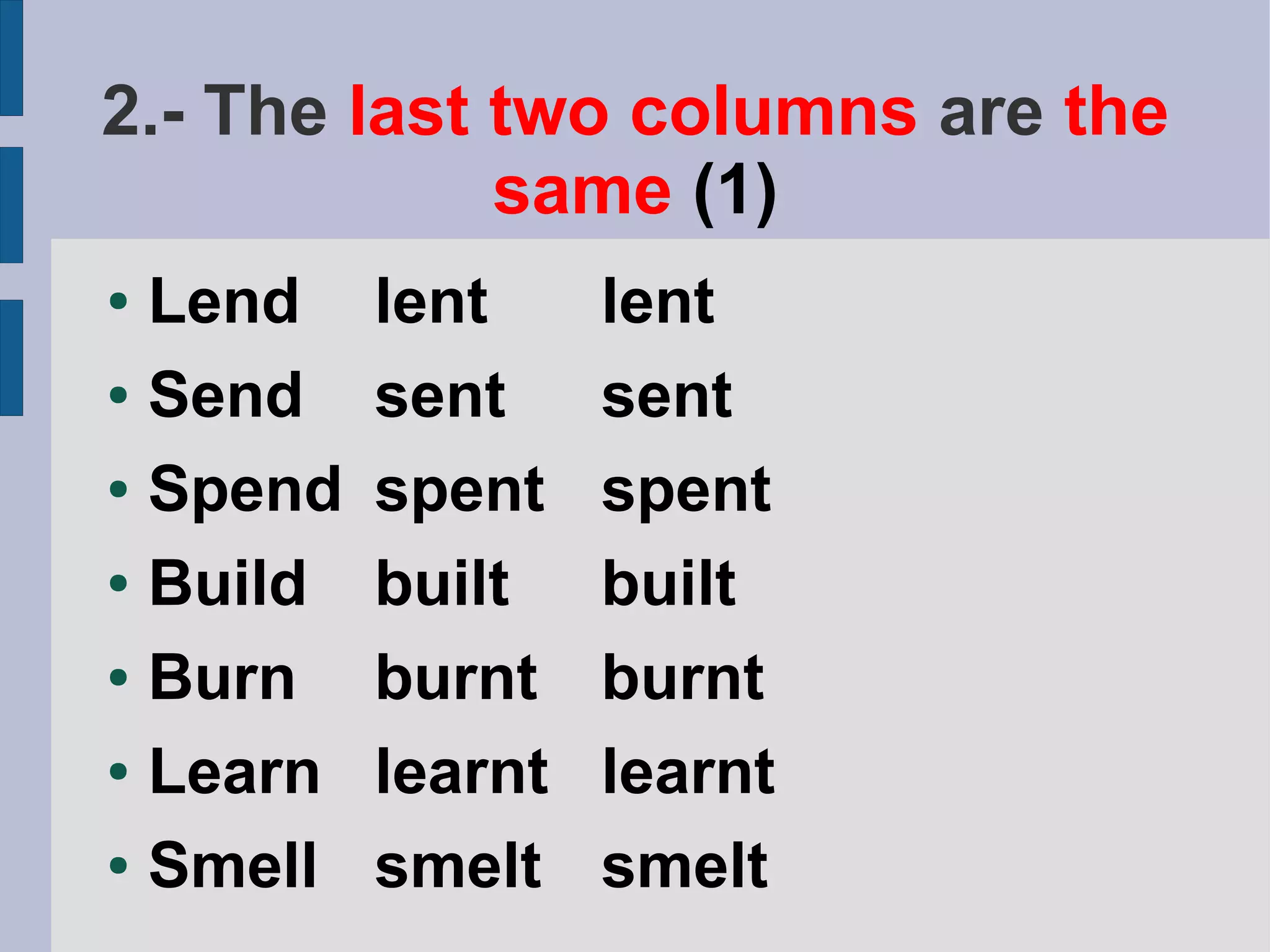 2.- The last two columns are the
             same (1)
● Lend    lent     lent
● Send    sent     sent
● Spend   spent    spent
● Build   built    built
● Burn    burnt    burnt
● Learn   learnt   learnt
● Smell   smelt    smelt
 