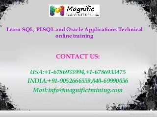 Learn SQL, PLSQL and Oracle Applications Technical
online training
CONTACT US:
USA:+1-6786933994,+1-6786933475
INDIA:+91-9052666559,040-69990056
Mail:info@magnifictraining.com
 