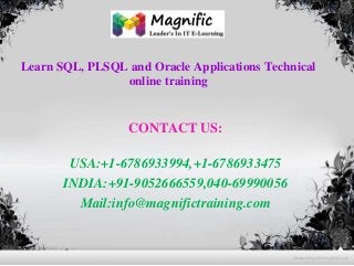 Learn SQL, PLSQL and Oracle Applications Technical
online training
CONTACT US:
USA:+1-6786933994,+1-6786933475
INDIA:+91-9052666559,040-69990056
Mail:info@magnifictraining.com
 