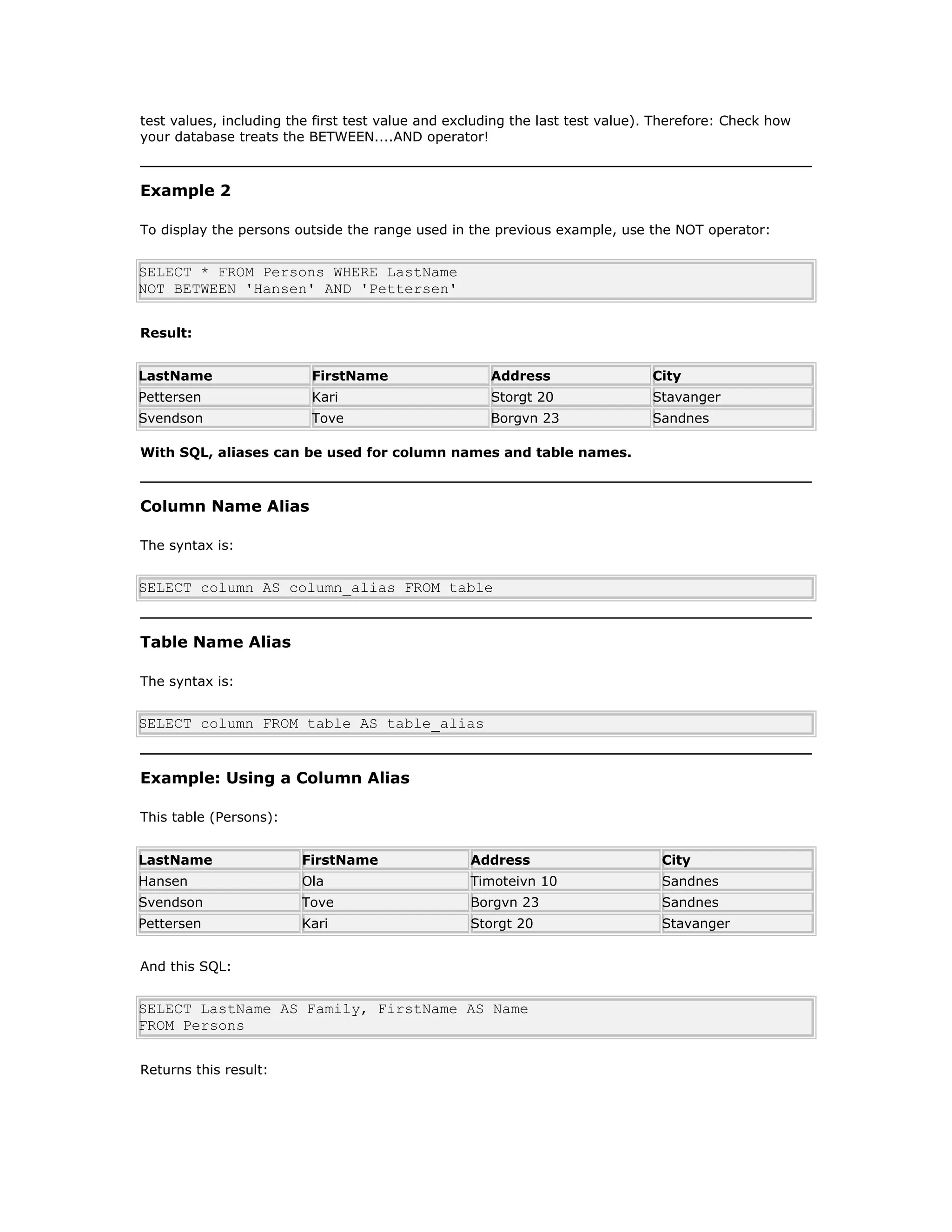 test values, including the first test value and excluding the last test value). Therefore: Check how
your database treats the BETWEEN....AND operator!
Example 2
To display the persons outside the range used in the previous example, use the NOT operator:
SELECT * FROM Persons WHERE LastName
NOT BETWEEN 'Hansen' AND 'Pettersen'
Result:
LastName FirstName Address City
Pettersen Kari Storgt 20 Stavanger
Svendson Tove Borgvn 23 Sandnes
With SQL, aliases can be used for column names and table names.
Column Name Alias
The syntax is:
SELECT column AS column_alias FROM table
Table Name Alias
The syntax is:
SELECT column FROM table AS table_alias
Example: Using a Column Alias
This table (Persons):
LastName FirstName Address City
Hansen Ola Timoteivn 10 Sandnes
Svendson Tove Borgvn 23 Sandnes
Pettersen Kari Storgt 20 Stavanger
And this SQL:
SELECT LastName AS Family, FirstName AS Name
FROM Persons
Returns this result:
 