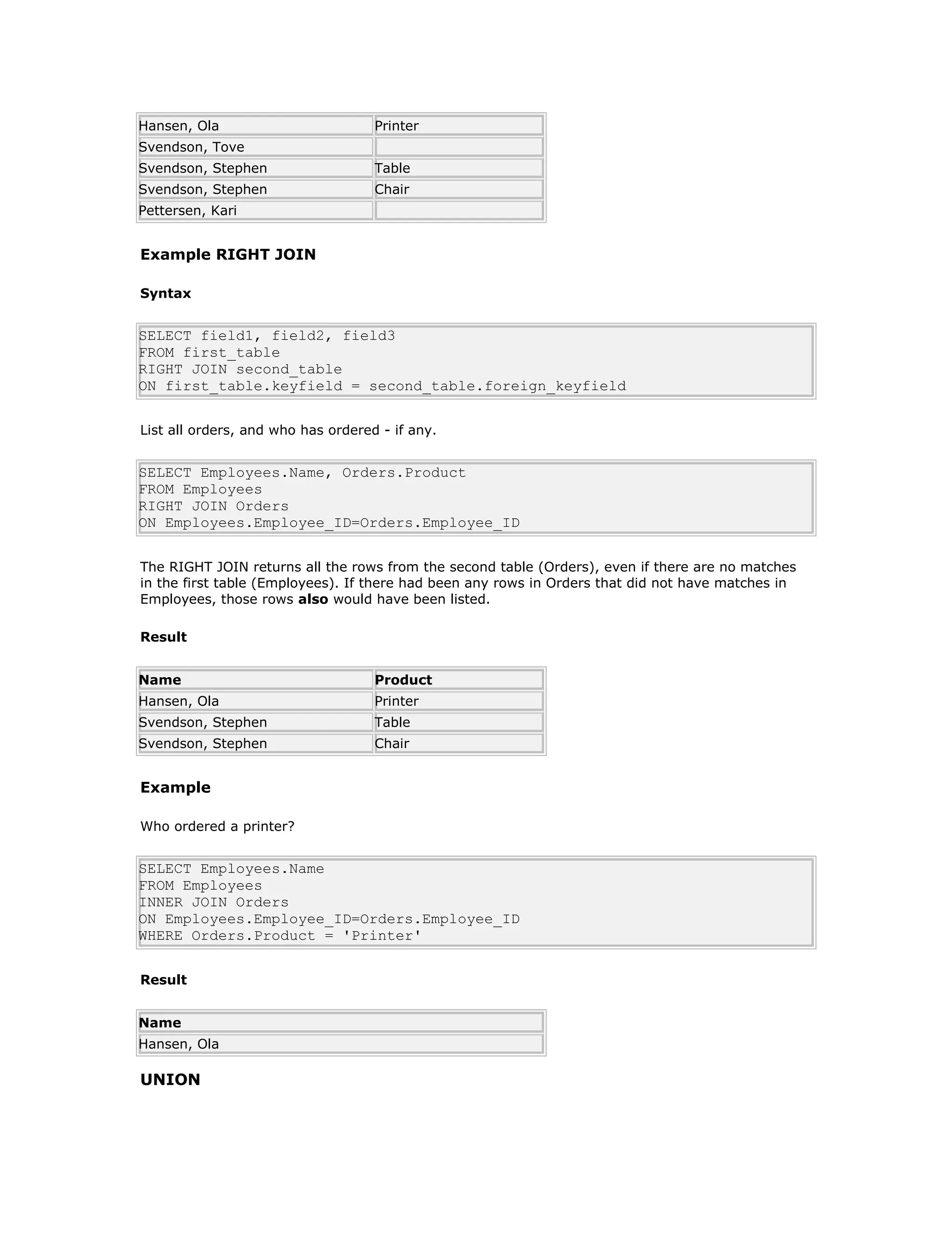 Hansen, Ola Printer
Svendson, Tove
Svendson, Stephen Table
Svendson, Stephen Chair
Pettersen, Kari
Example RIGHT JOIN
Syntax
SELECT field1, field2, field3
FROM first_table
RIGHT JOIN second_table
ON first_table.keyfield = second_table.foreign_keyfield
List all orders, and who has ordered - if any.
SELECT Employees.Name, Orders.Product
FROM Employees
RIGHT JOIN Orders
ON Employees.Employee_ID=Orders.Employee_ID
The RIGHT JOIN returns all the rows from the second table (Orders), even if there are no matches
in the first table (Employees). If there had been any rows in Orders that did not have matches in
Employees, those rows also would have been listed.
Result
Name Product
Hansen, Ola Printer
Svendson, Stephen Table
Svendson, Stephen Chair
Example
Who ordered a printer?
SELECT Employees.Name
FROM Employees
INNER JOIN Orders
ON Employees.Employee_ID=Orders.Employee_ID
WHERE Orders.Product = 'Printer'
Result
Name
Hansen, Ola
UNION
 