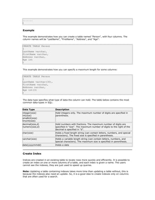 .......
)
Example
This example demonstrates how you can create a table named "Person", with four columns. The
column names will be "LastName", "FirstName", "Address", and "Age":
CREATE TABLE Person
(
LastName varchar,
FirstName varchar,
Address varchar,
Age int
)
This example demonstrates how you can specify a maximum length for some columns:
CREATE TABLE Person
(
LastName varchar(30),
FirstName varchar,
Address varchar,
Age int(3)
)
The data type specifies what type of data the column can hold. The table below contains the most
common data types in SQL:
Data Type Description
integer(size)
int(size)
smallint(size)
tinyint(size)
Hold integers only. The maximum number of digits are specified in
parenthesis.
decimal(size,d)
numeric(size,d)
Hold numbers with fractions. The maximum number of digits are
specified in "size". The maximum number of digits to the right of the
decimal is specified in "d".
char(size) Holds a fixed length string (can contain letters, numbers, and special
characters). The fixed size is specified in parenthesis.
varchar(size) Holds a variable length string (can contain letters, numbers, and
special characters). The maximum size is specified in parenthesis.
date(yyyymmdd) Holds a date
Create Index
Indices are created in an existing table to locate rows more quickly and efficiently. It is possible to
create an index on one or more columns of a table, and each index is given a name. The users
cannot see the indexes, they are just used to speed up queries.
Note: Updating a table containing indexes takes more time than updating a table without, this is
because the indexes also need an update. So, it is a good idea to create indexes only on columns
that are often used for a search.
 